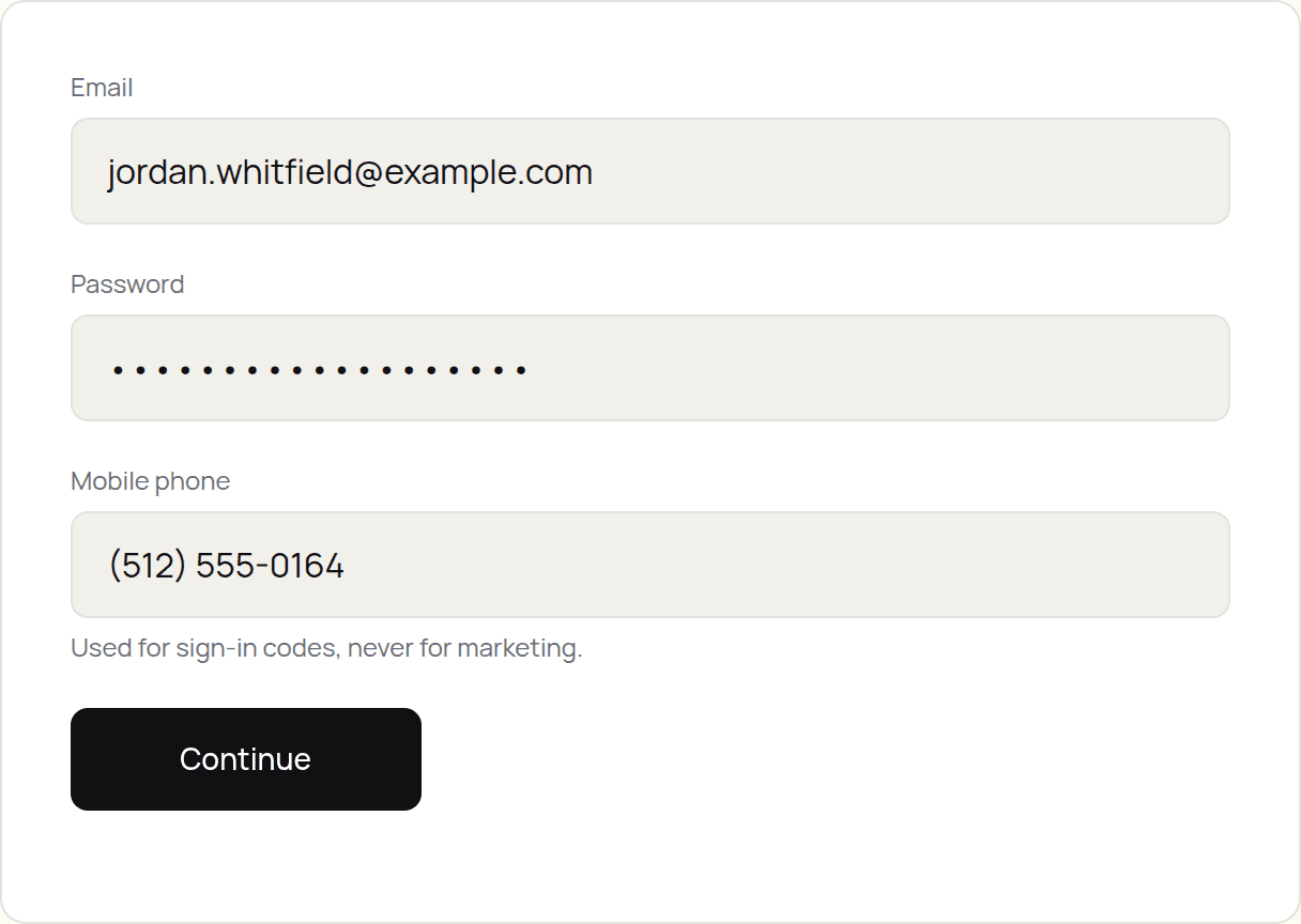 The account step of signup with email and password fields
