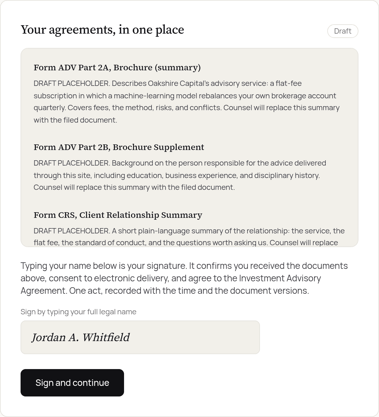 The agreements step of signup
