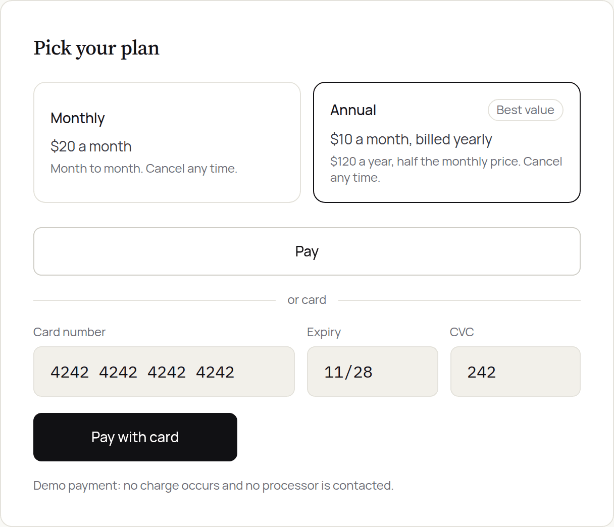 The plan step of signup with the monthly and annual options